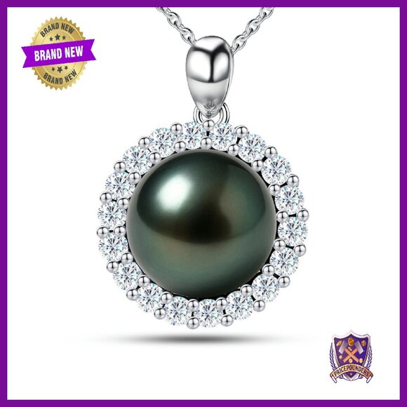 Tahitian Black Pearl Necklace Sterling Silver Moissanite Pendant Fine Jewelry
